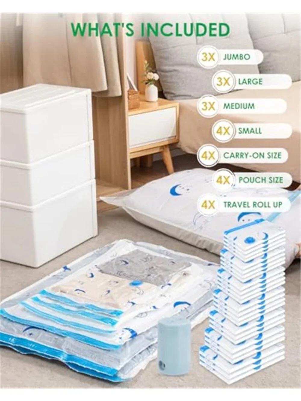 Vacuum Storage Bags 25 Pack Electric Pump Travel Compression Space Saver Bags